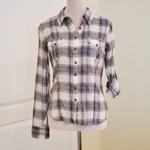 Kirra Women's Gray/White/Yellow Plaid Long Sleeve Shirt, Size M.
